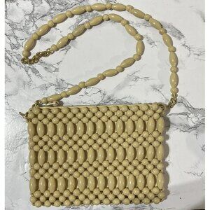 Vintage Wood Beaded Purse Mid-Century Modern Boho Natural Color Hong Kong